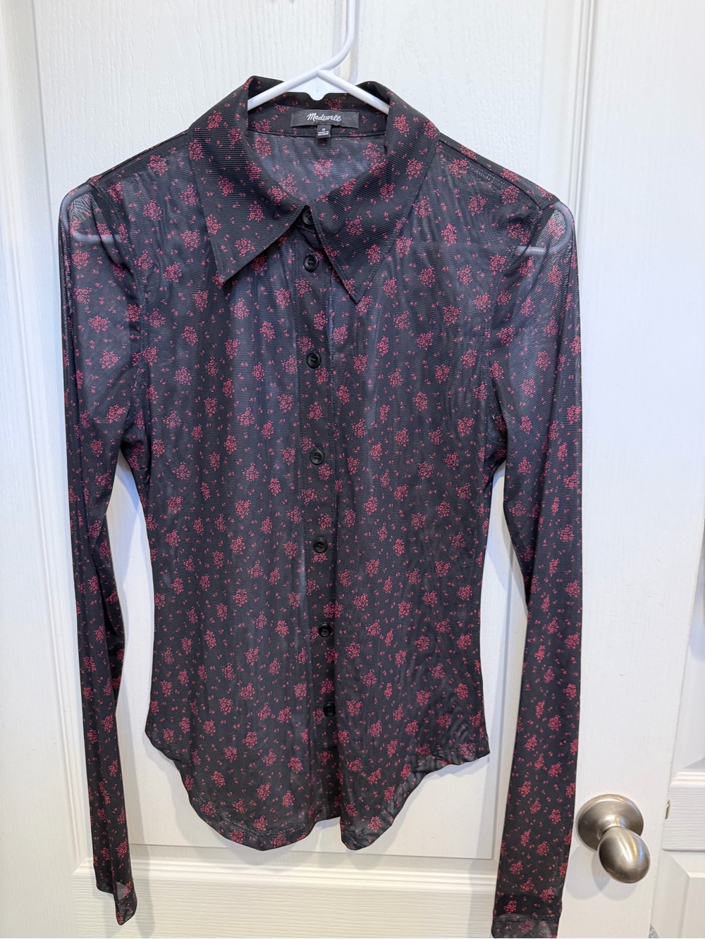Madewell NT656 Floral Mesh Button Front Top M Black Red Sheer Slim Fit